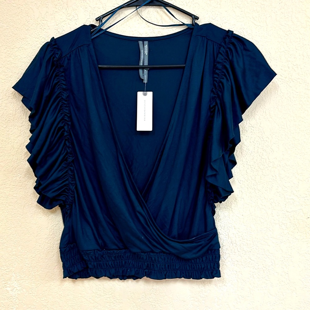 Anthropologie NWT Blue flutter sleeve blouse Top size S
